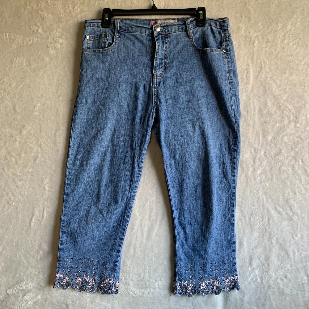 COS Jeans Womens Size 12 Crop Jeans Blue Floral Embroidered Medium Wash